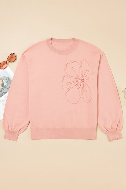 Blossom Big Flower Accent Bubble Sleeve Sweater