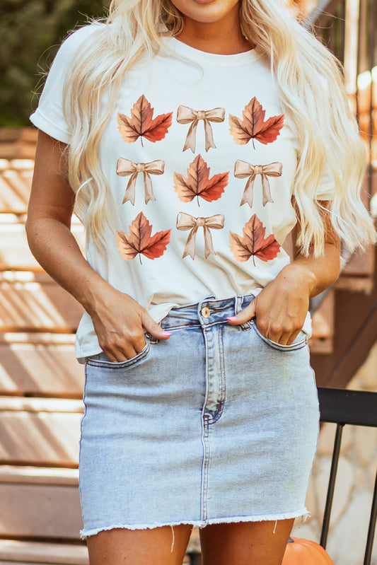 White Fall Leaf Bow Thanksgiving Graphic Tee