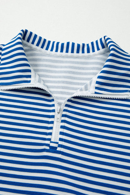 Stripe Quarter Zip Collar Pullover Long Sleeve Top
