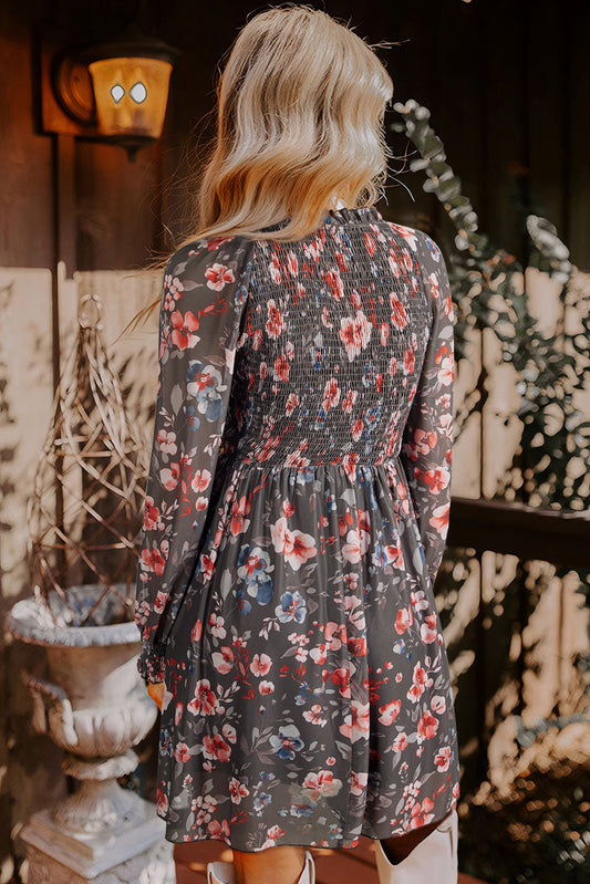 Fall Floral Smocked Bodice Mesh Long Sleeve Mini Dress