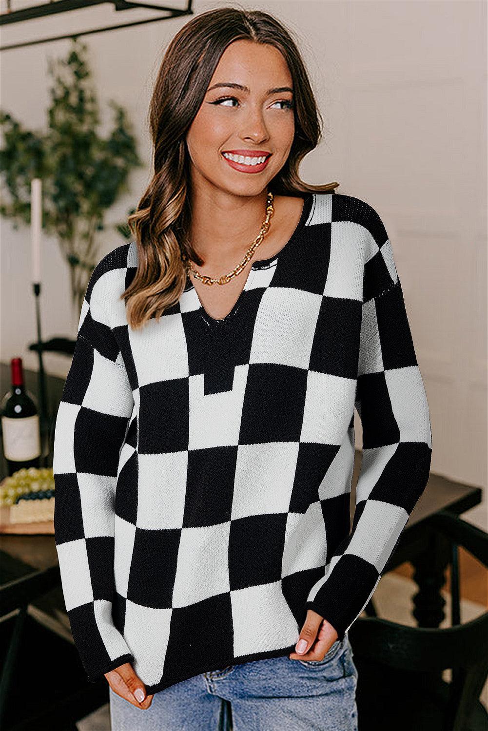 Checked Notched Neckline Drop Shoulder Knit Sweater