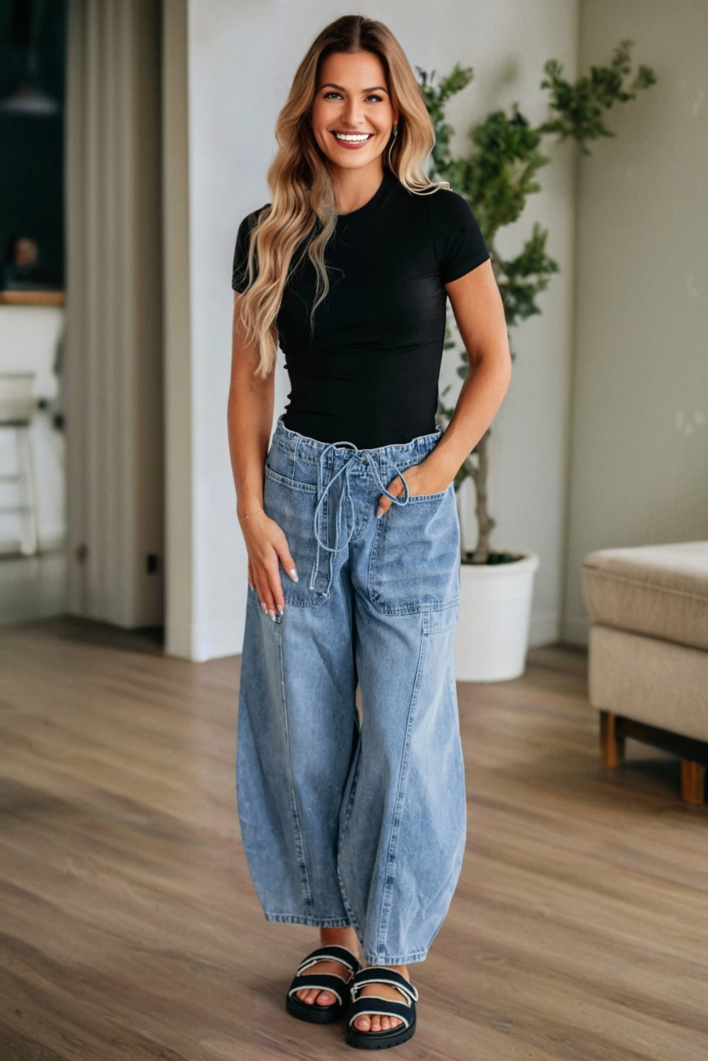 Myosotis Patch Pocket Drawstring High Waist Barrel Jeans