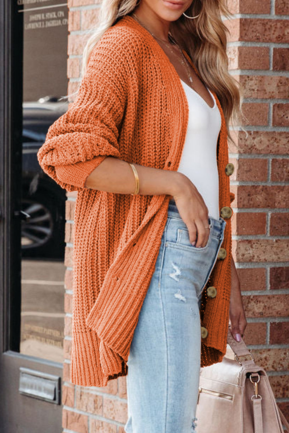 Button Front V Neck Chunky Cardigan Sweater