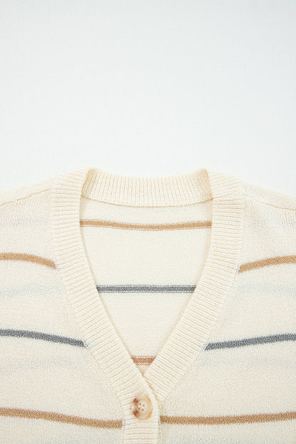 Striped Buttoned Front V Neck Drop Shoulder Cardigan Sweater
