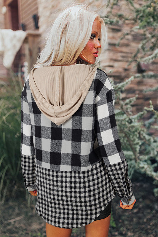 Casual Plaid Hoodie Drawstring Button Shacket