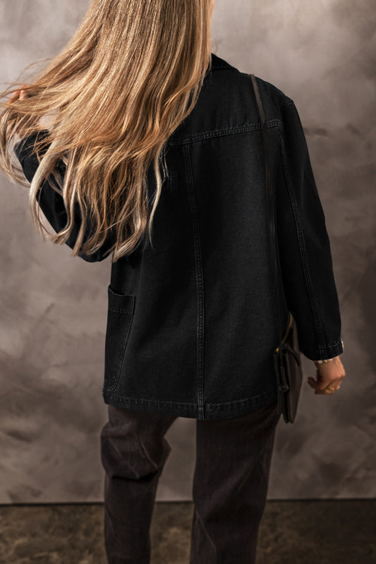 Black Denim Jacket with Lapel Collar and Side Pockets
