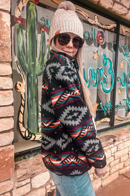 Black Aztec Print Zip Up Western Fleece Jacket