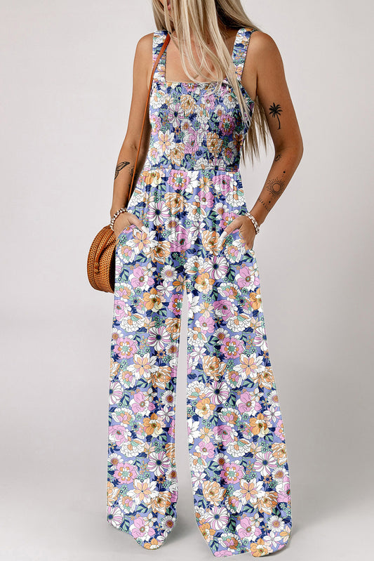 Floral Print Smocked High Waist Jumpsuit
