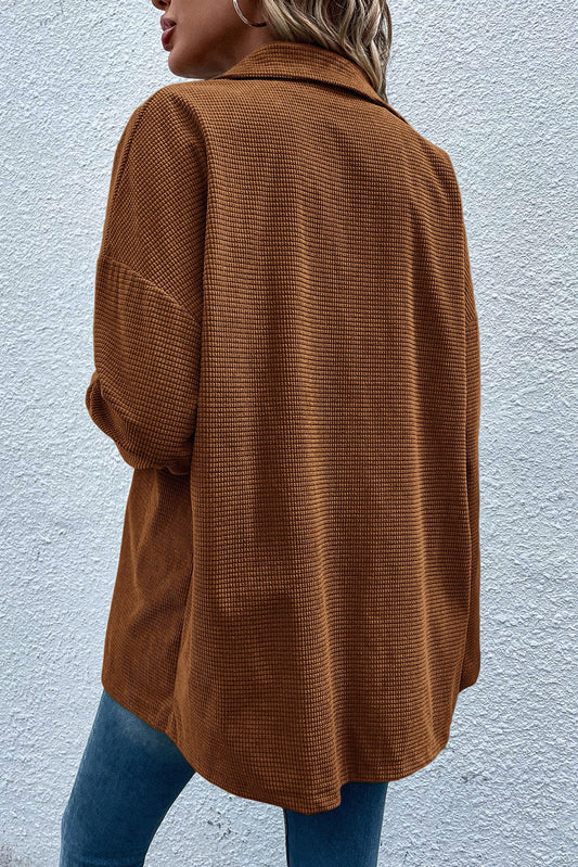 Brown Textured Drop Shoulder Flap Pocket Shacket