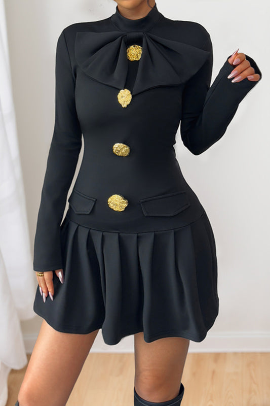 Bow Detail Gold Button Long Sleeve Mini Dress