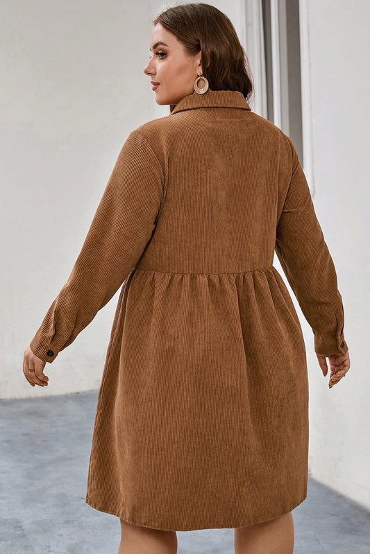 Corduroy Button Up Collared Plus Size Shirt Dress