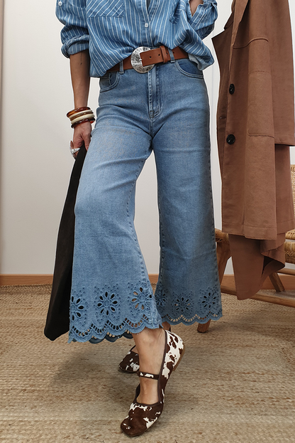Embroidered Eyelet Wide Leg Cropped Jeans