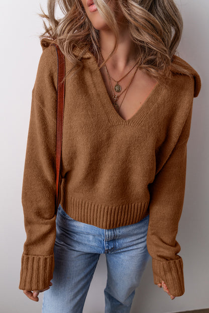 Collared V Neck Ribbed Edge Elegant Sweater