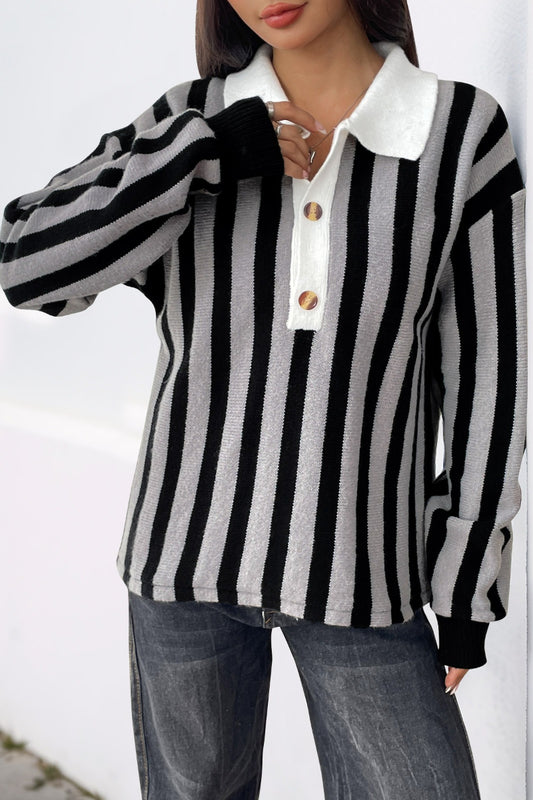 Striped Knit Collared Pullover Sweater Top