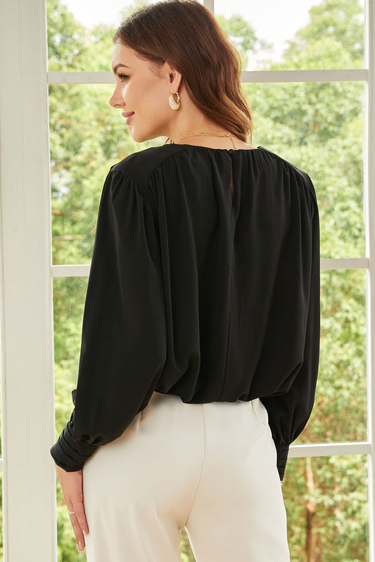 Black Padded Shoulder Pleated Loose Blouse