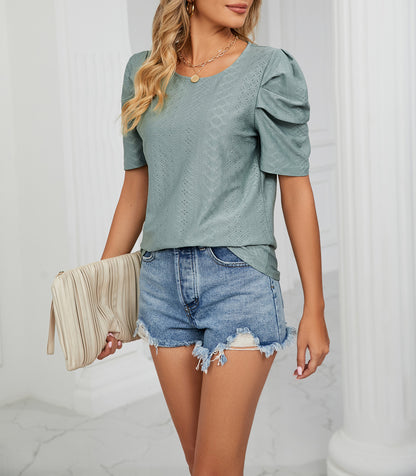 Women's Puff Sleeve Eyelet Knit T Shirt Blouse