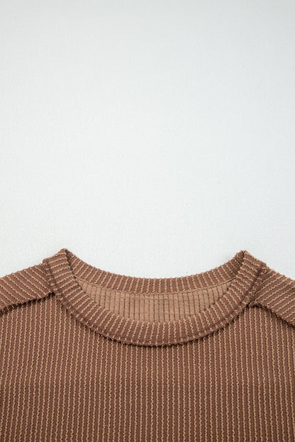 Twist Ribbed Exposed Seam Detail Long Sleeve Loose Top