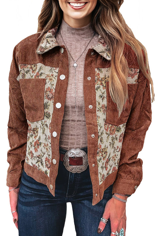 Ribbed Retro Floral Patchwork Shirt Style Jacket