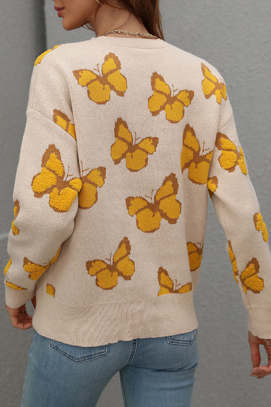 Womens Butterfly Print Crewneck Knit Sweater