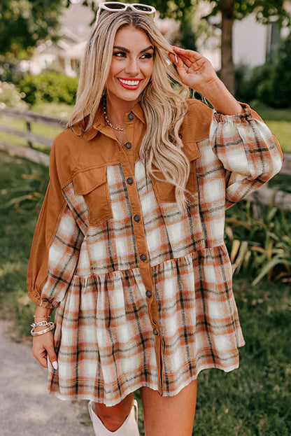 Plaid Color Block Button Up Tunic Shirt Dress