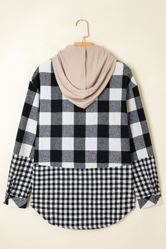 Casual Plaid Hoodie Drawstring Button Shacket