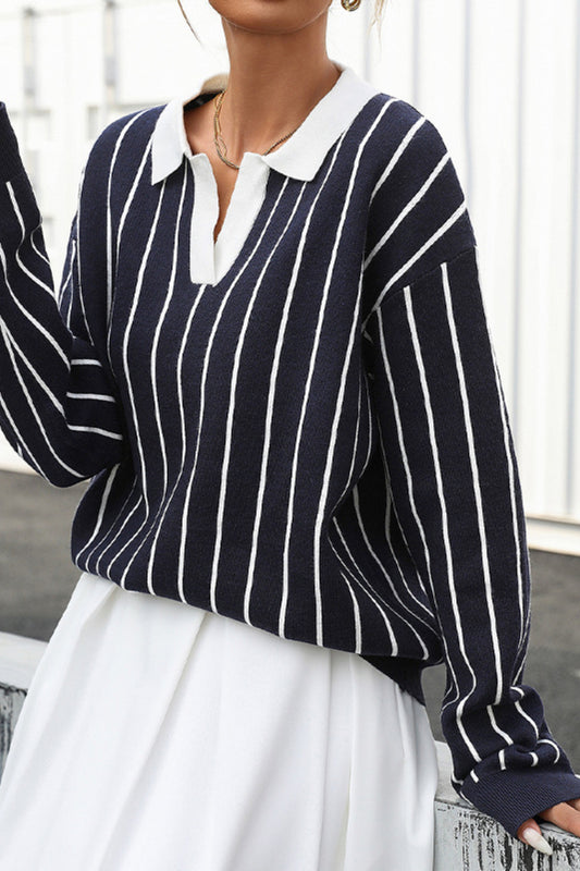 Striped Knit Polo Sweater Long Sleeve Street Style