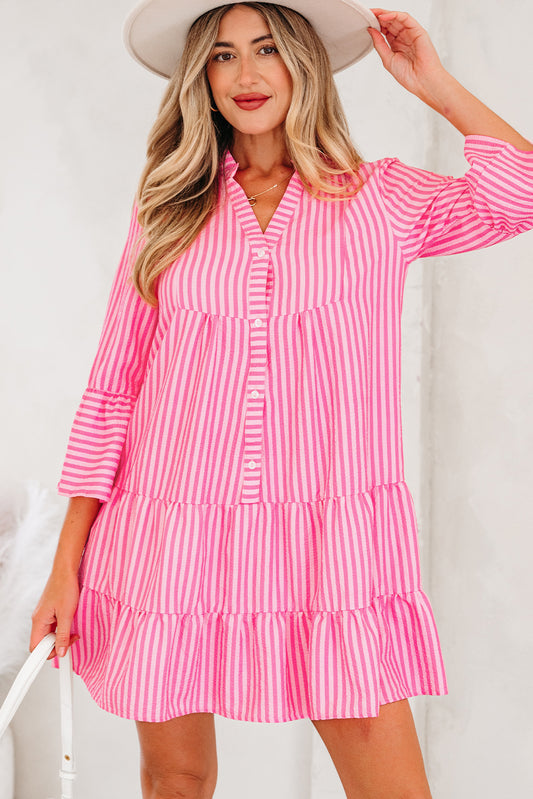 Pink Stripe V Neck Flare Sleeve Mini Dress