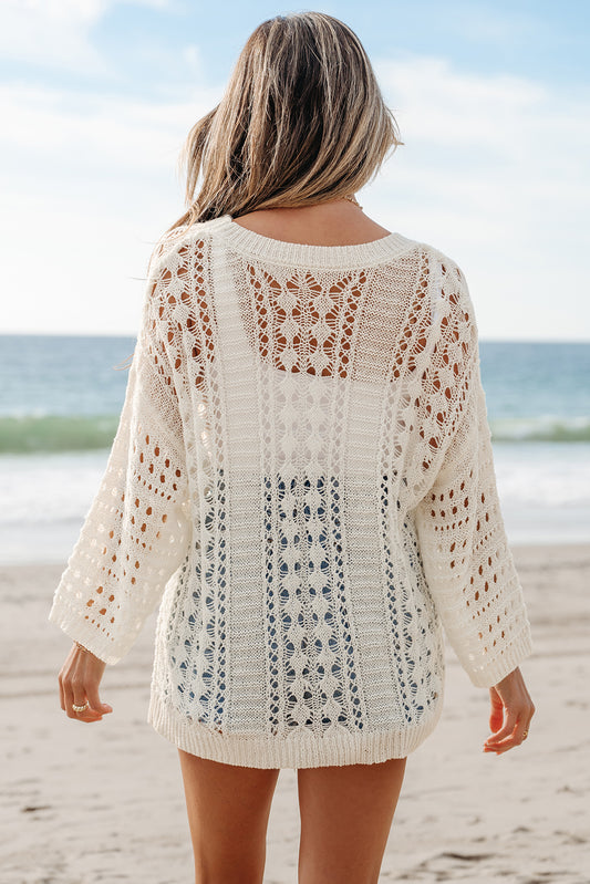 White Hollow Out Knit Sweater with Bracelet Sleeves