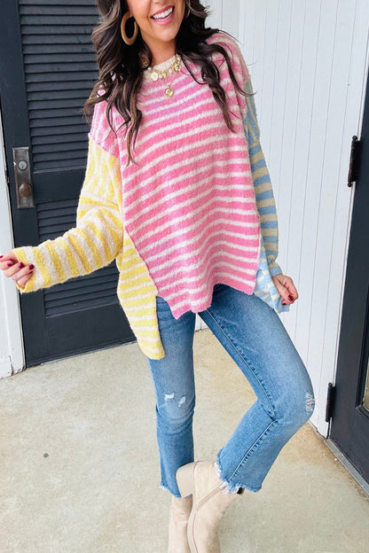 Colorblock Dolman Sleeve Sweater with Split Hem