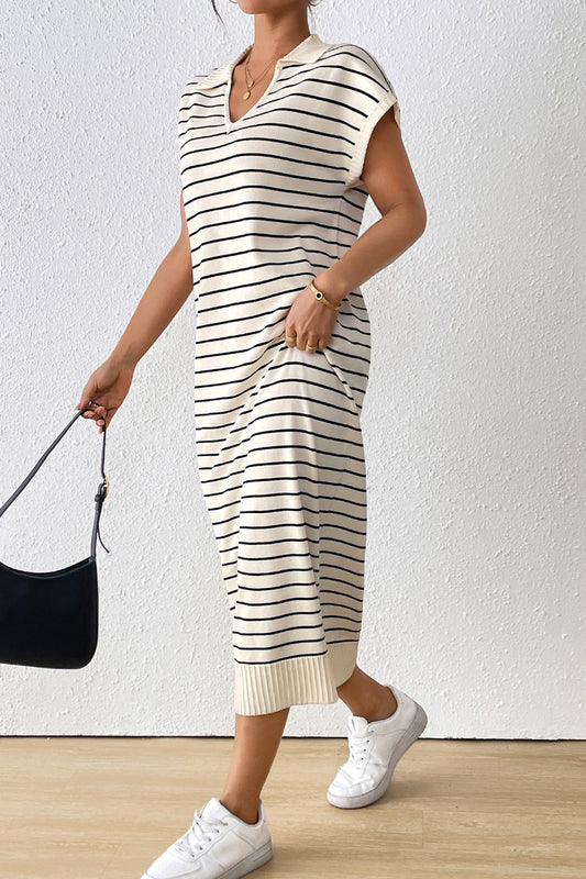 Striped V-Neck Knit Sleeveless Maxi Dress