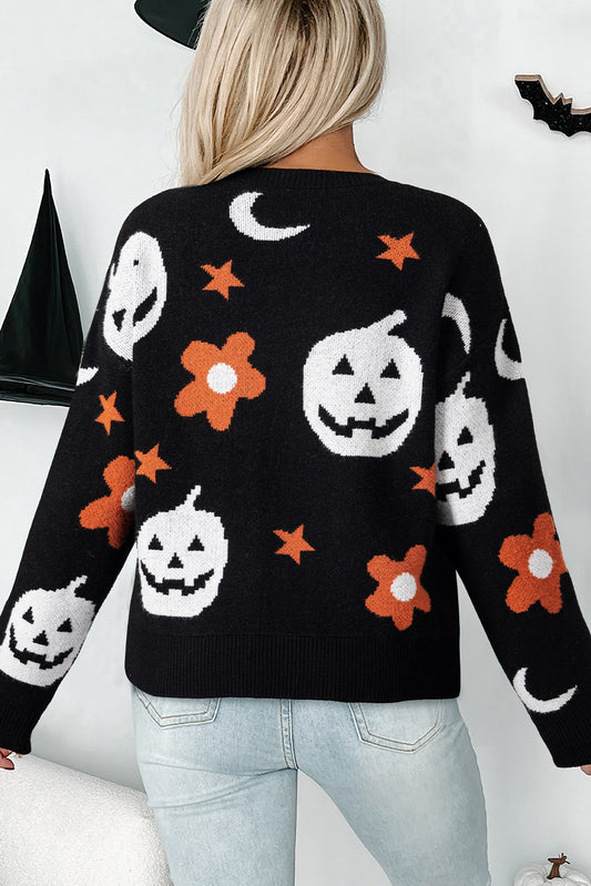 Black Halloween Pumpkin Floral Print Drop Shoulder Sweater