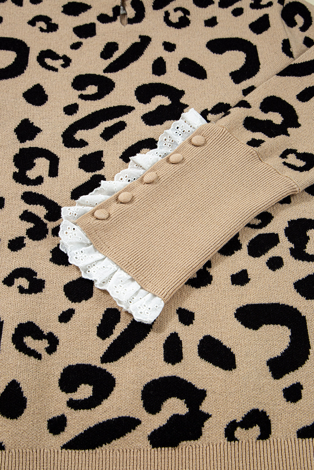 Leopard Print Lace Detail Long Sleeve Sweater