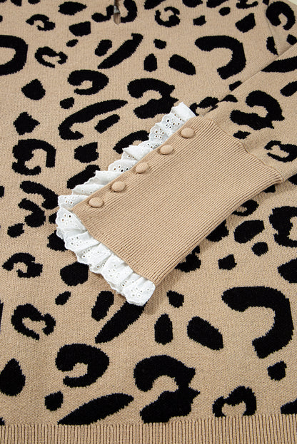 Leopard Print Lace Detail Long Sleeve Sweater