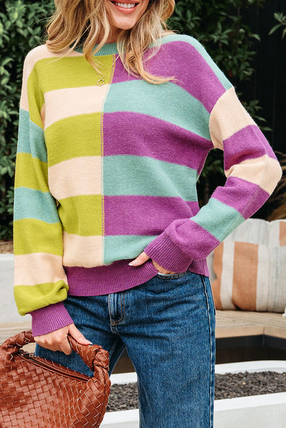 Colorblock Green Stripe Drop Shoulder Sweater