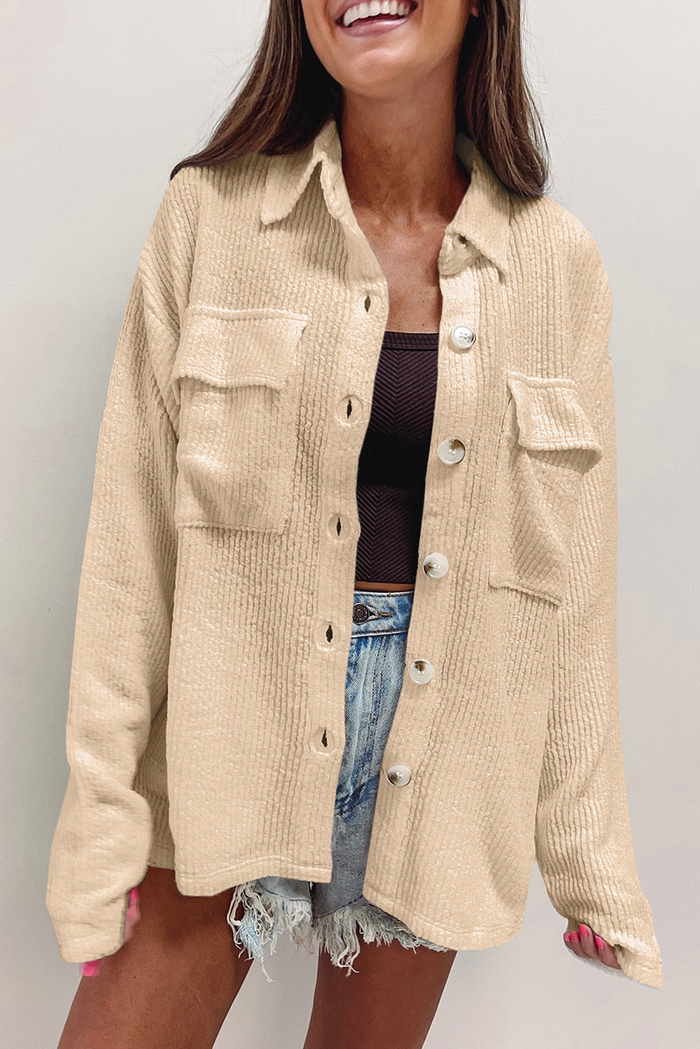 Corduroy Buttoned Long Sleeve Shacket