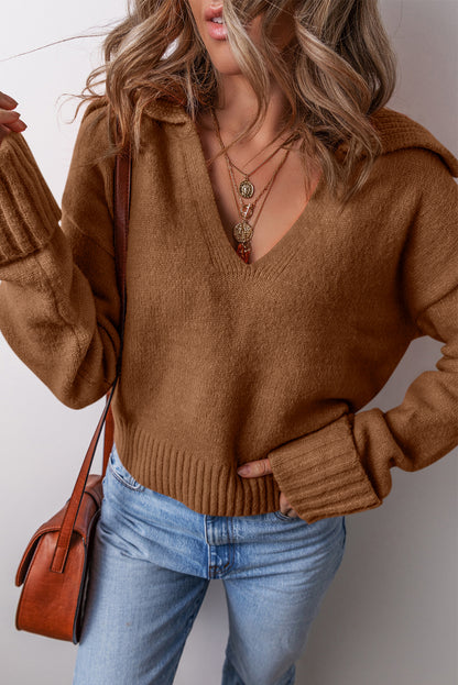 Collared V Neck Ribbed Edge Elegant Sweater