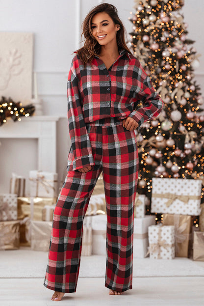 Christmas Plaid Button Up Top and High Waist Pants Set