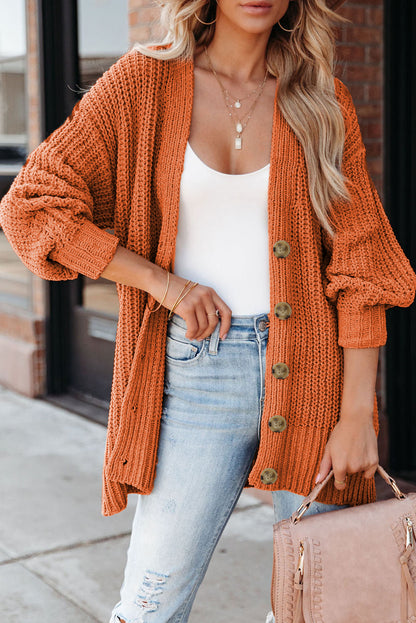 Button Front V Neck Chunky Cardigan Sweater