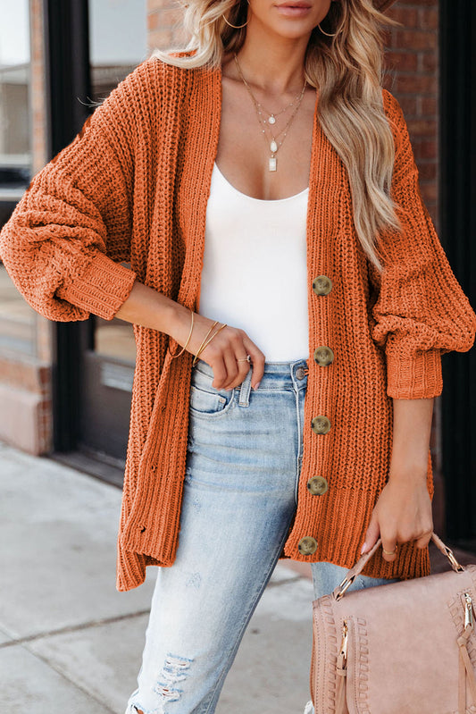 Button Front V Neck Chunky Cardigan Sweater