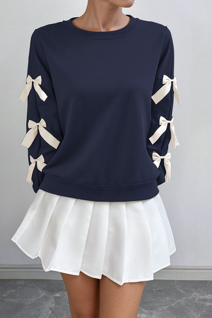 Crew Neck Pullover Top 3D Bowknot Trim Loose Sweatshirts