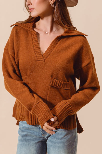 Flap Collar V Neck Sweater Pullover With Pocket