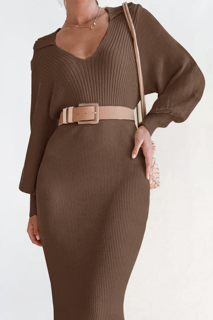 Elegant V Neck Lantern Sleeve Knit Belted Midi Sweater Dress