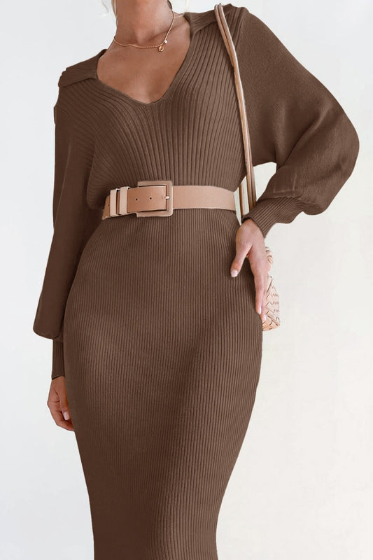 Elegant V Neck Lantern Sleeve Knit Belted Midi Sweater Dress