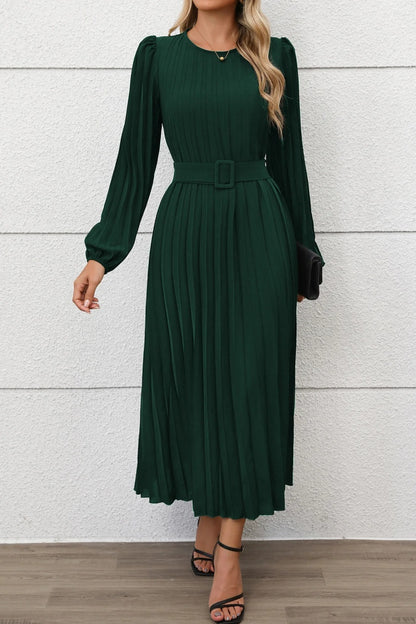 Elegant Fall Pleated Long Sleeve Belted Midi Dress