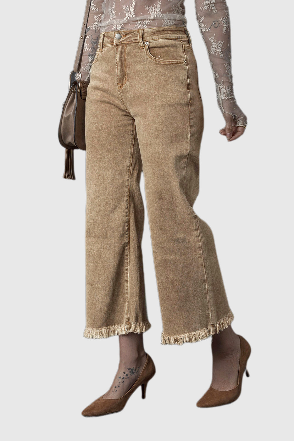 High Waisted Wide Leg Jeans in Light French Beige