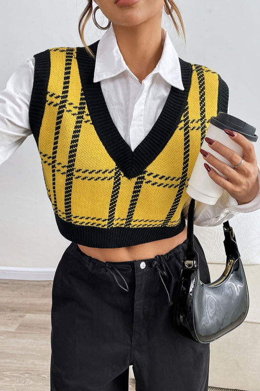 Plaid V Neck Knit Sweater Vest Crop Top Women