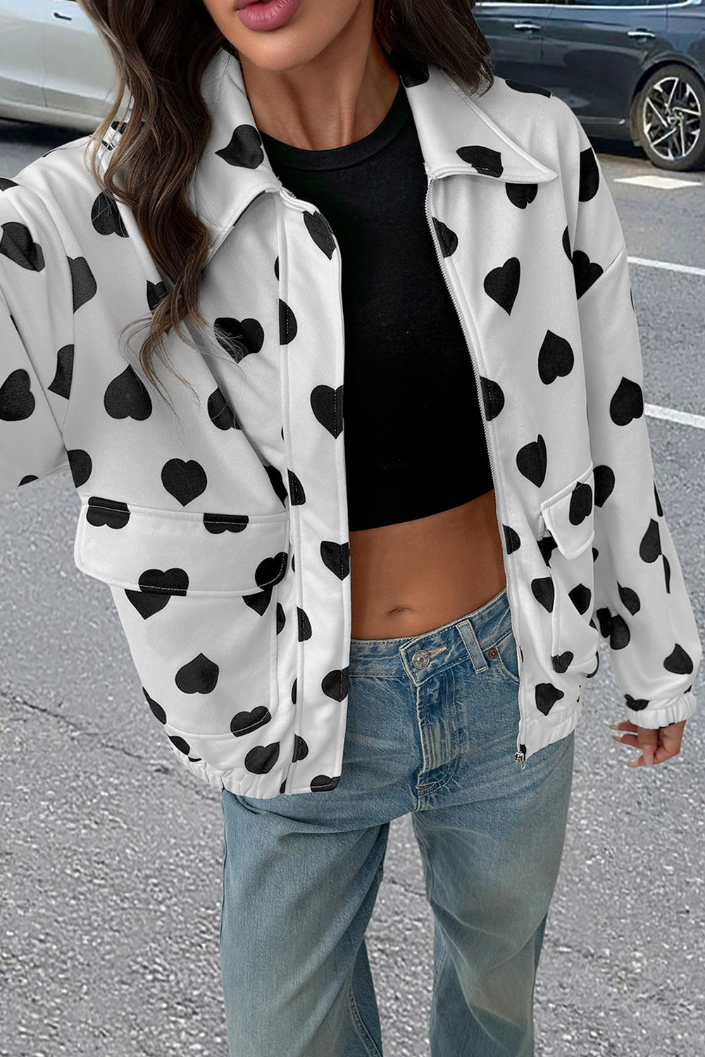 Oversized Heart Print Street Style Zip Jacket