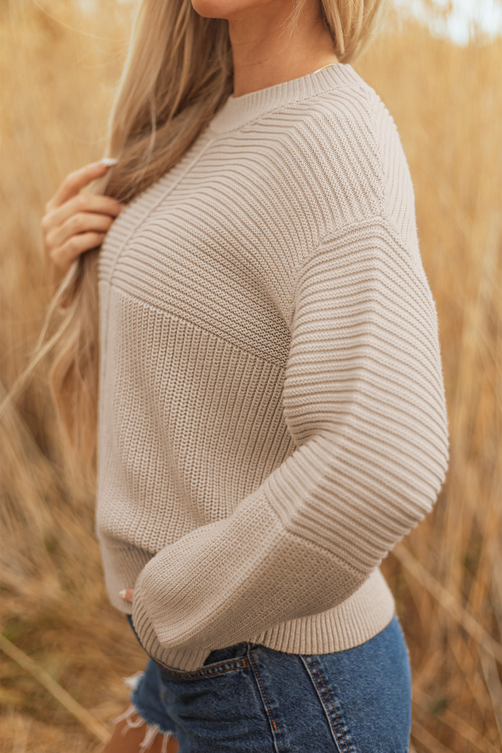 Parchment Knit Round Neck Puff Sleeve Sweater