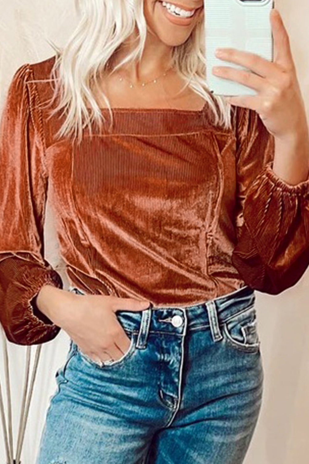 Velvet Ribbed Texture Square Neck Puff Sleeve Top