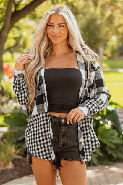 Casual Plaid Hoodie Drawstring Button Shacket